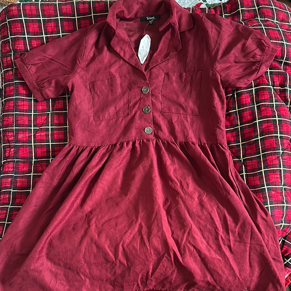 Burgundy Buttoned Collar Knee-Length Dress